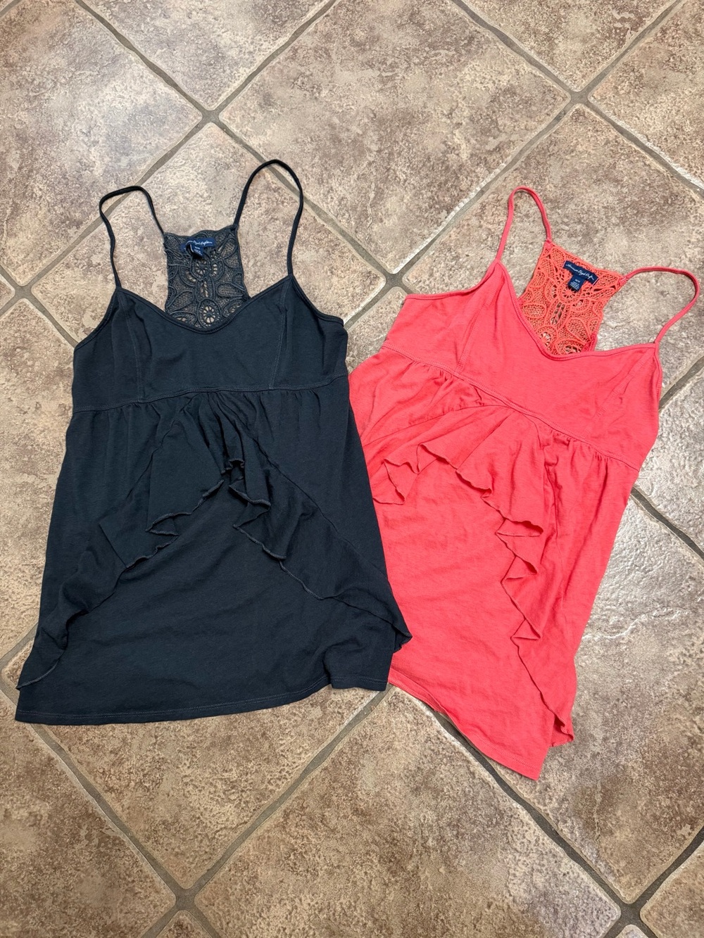 American Eagle Outfitters Two Lace-Back Ruffle Cami Tank - Black & Coral